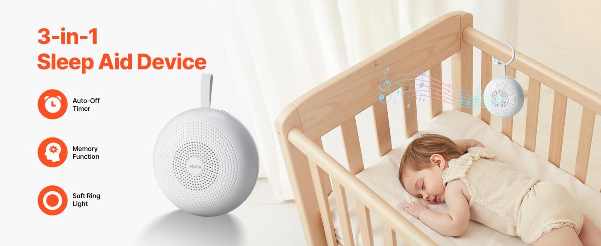 VEVOR Einschlafhilfe, White Noise Machine, 30 Musiktitel, 3-in-1-Soundmaschine mit weißem Rauschen, automatischer Abschaltfunktion, sanftem Ringlicht & Speicherfunktion, Rauschgerät