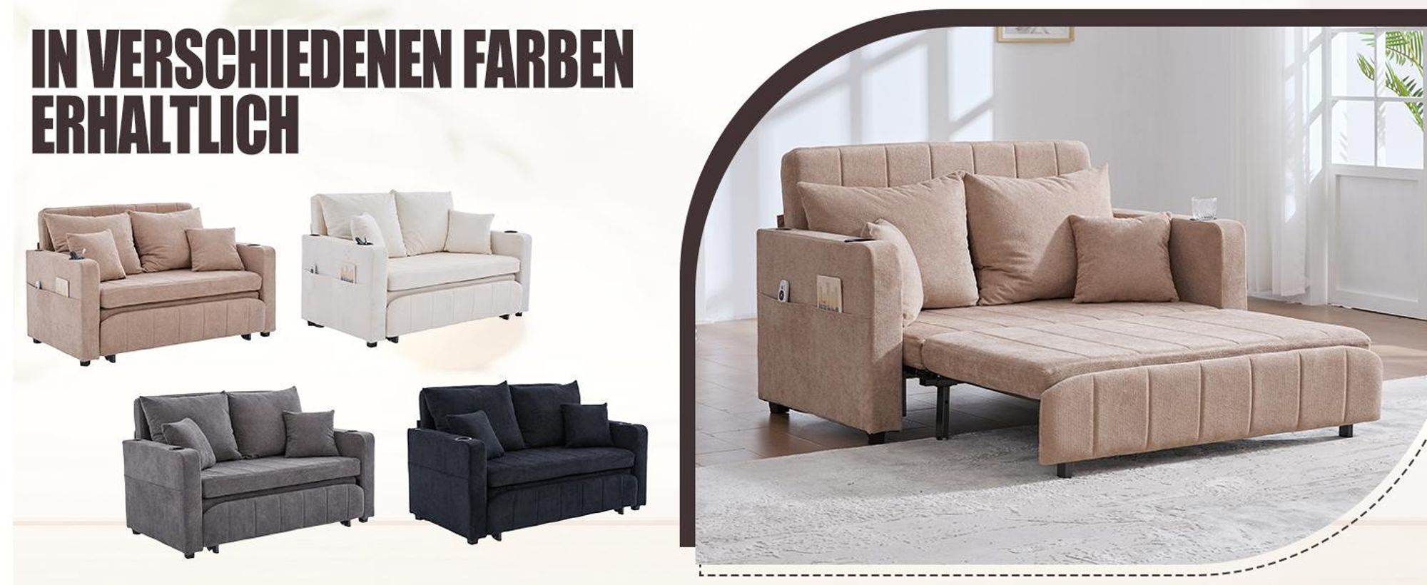 LVHOM Schlafsofa mit 3-fach verstellbarer Lehne&USB, Ausziehbares Schlafbett, 2-Sitzer mit Becherhalter Platzsparend 139x73x83cm, Grau