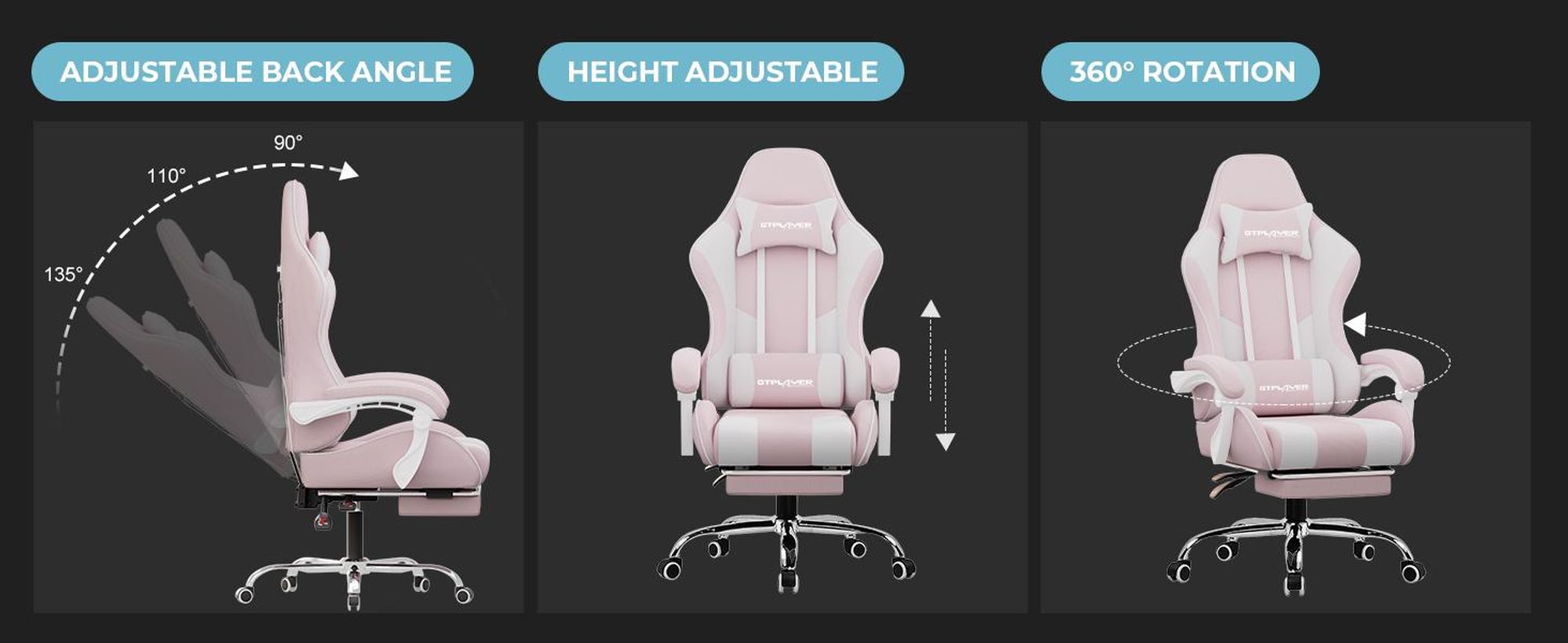 GTPLAYER Kancelářská židle Herní židle Látkové herní křeslo Ergonomická herní židle s podnožkou, bederní opěrka hlavy, čalouněná herní židle, růžová