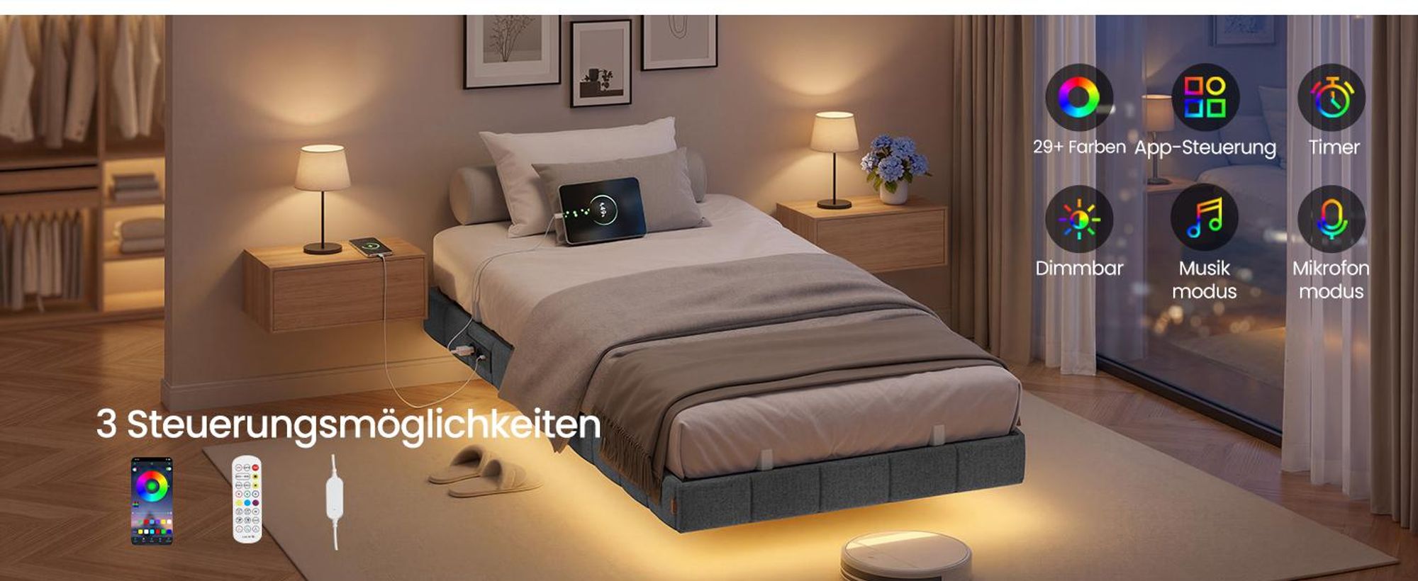 VASAGLE Bettrahmen 90 x 200 cm, mit LED-Beleuchtung, Bettgestell, schwebender Effekt, Steckdosenleiste, grau