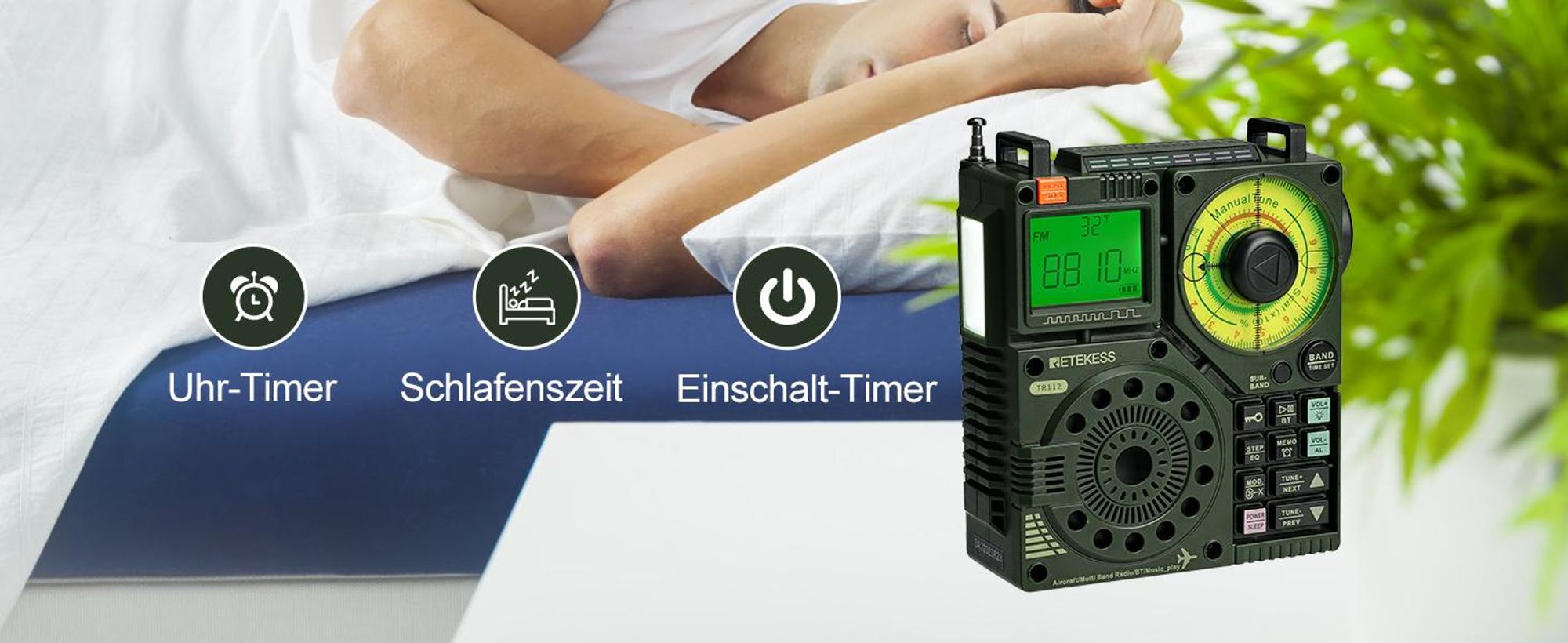 Retekess TR112 Tragbares Kurzwellenradio, FM VHF MW SW WB Air Band Radio, App Intelligente Fernbedienung, MP3 / TF, Bass Stereo SOS Alarm