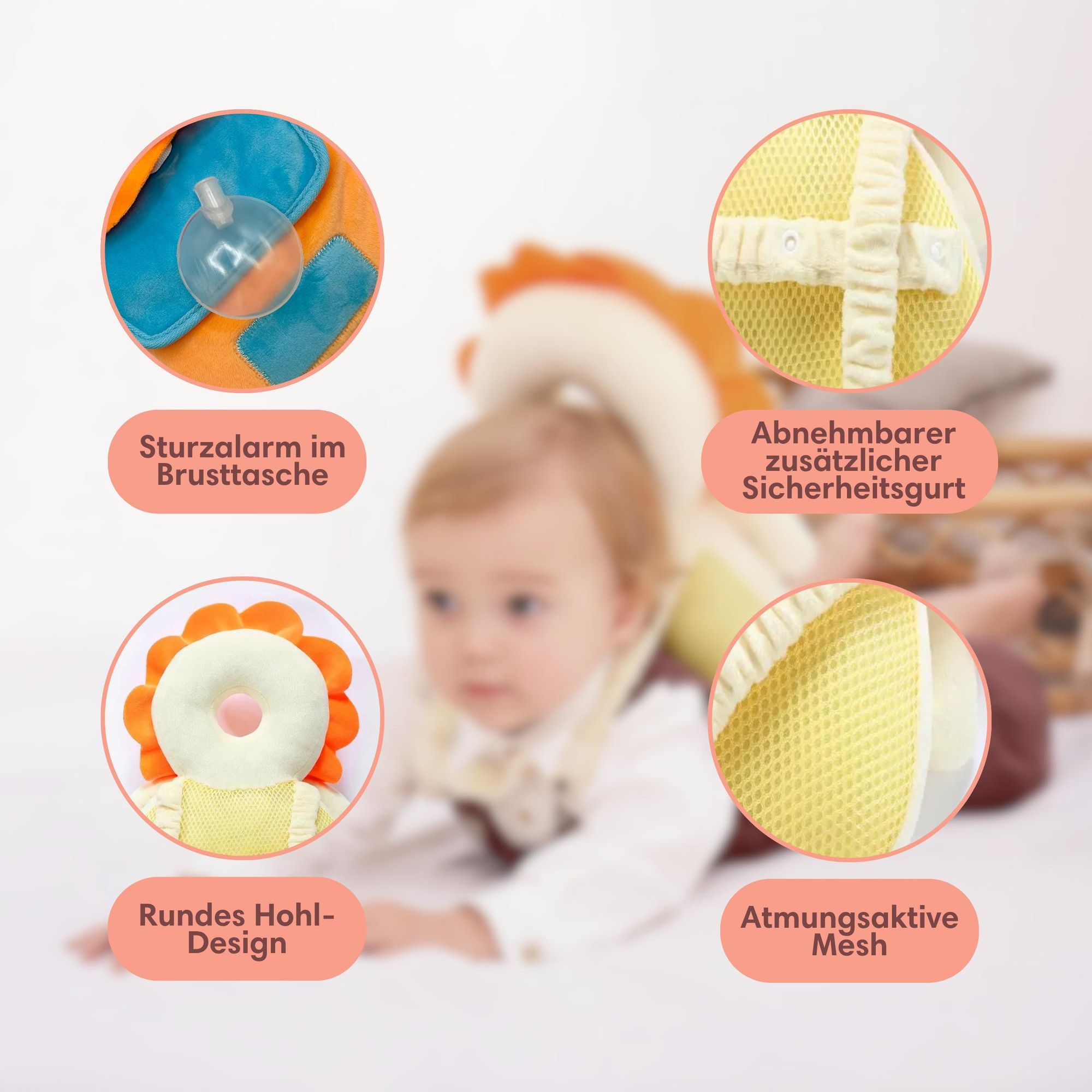 Vulpes Goods Baby Kopfschutz, Fallschutz-Rucksack für Kinder, 3D Löwenform, Kopf-Rückenprotektor Kleinkinder, sicher Krabbeln & Gehen lernen