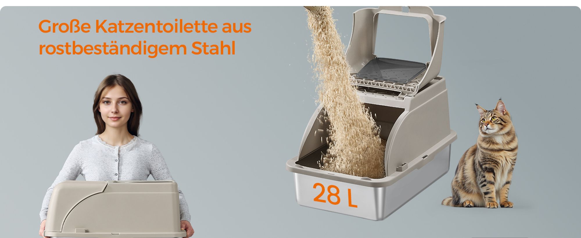 Feandrea Edelstahl Katzenklo, XL, Katzentoilette mit Deckel, mit Schaufel, Bürste und 2 Eingängen, für Katzen bis 15 kg, cappuccinobeige