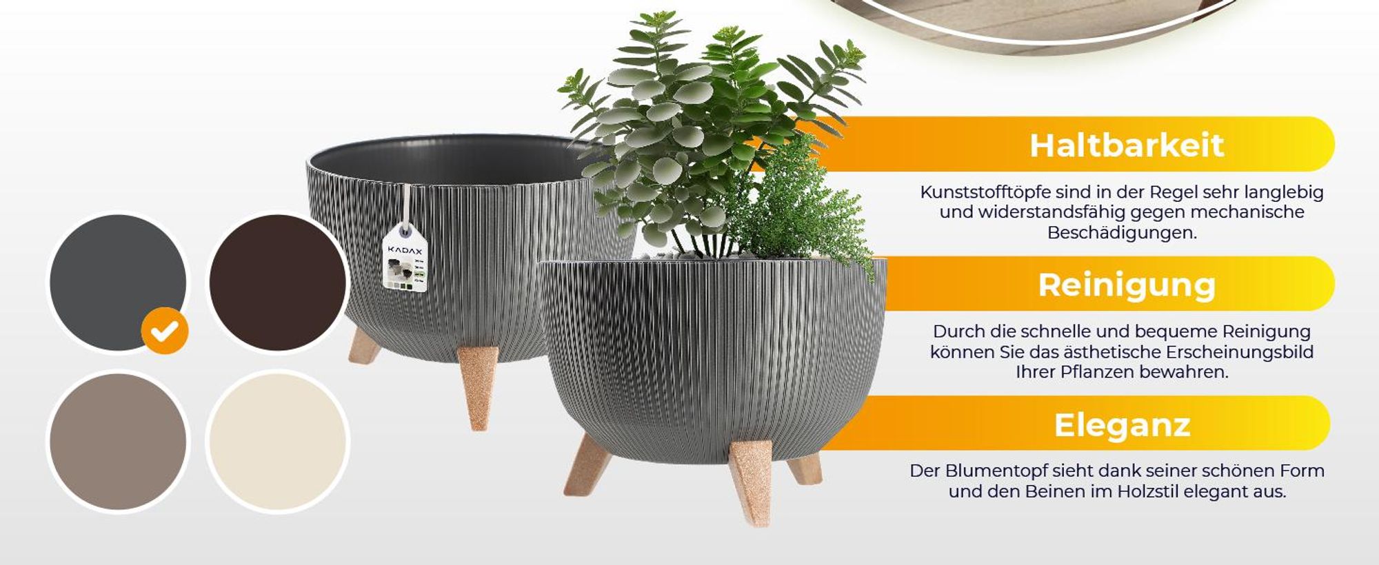 KADAX Kunststoff Blumentopf "Milis", Blumenkübel mit drei Einsteckstützen, Anthrazit, 24 cm
