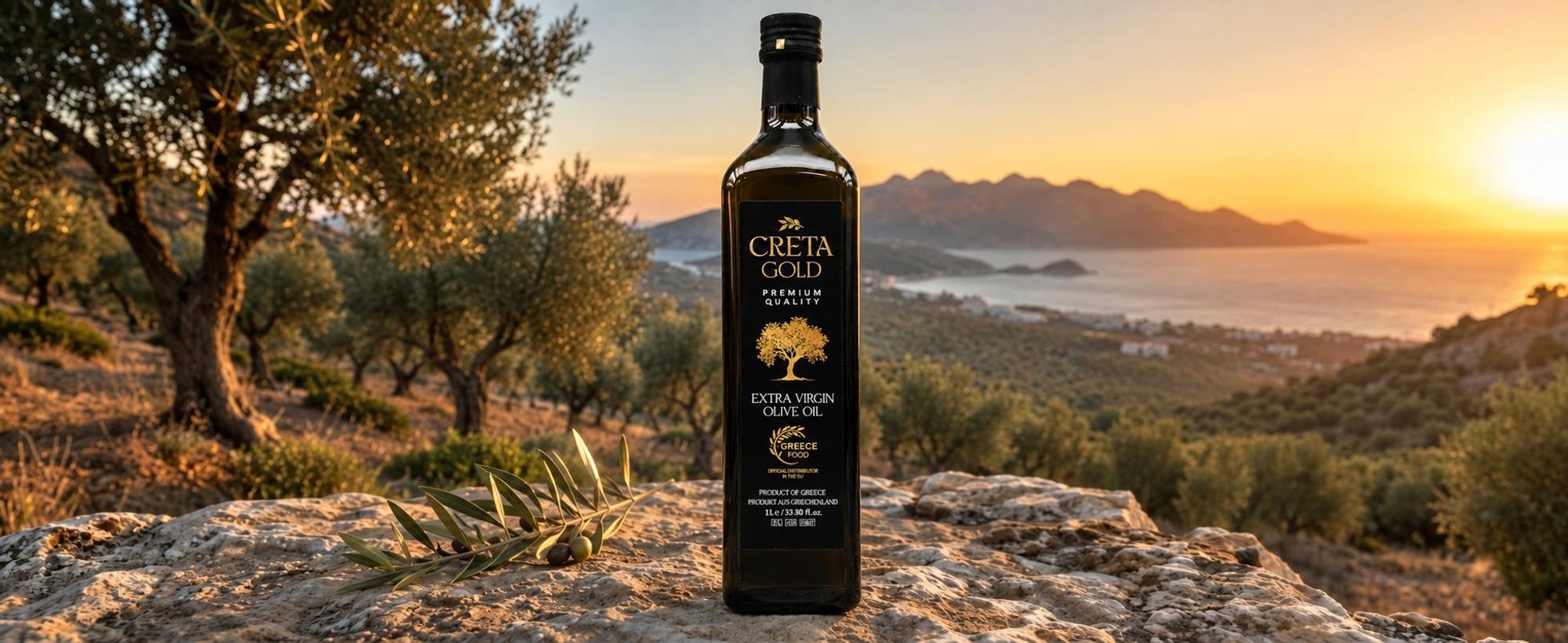 CRETA GOLD Natives Olivenöl Extra 1L Flasche vor Olivenhainen und Meer auf Kreta