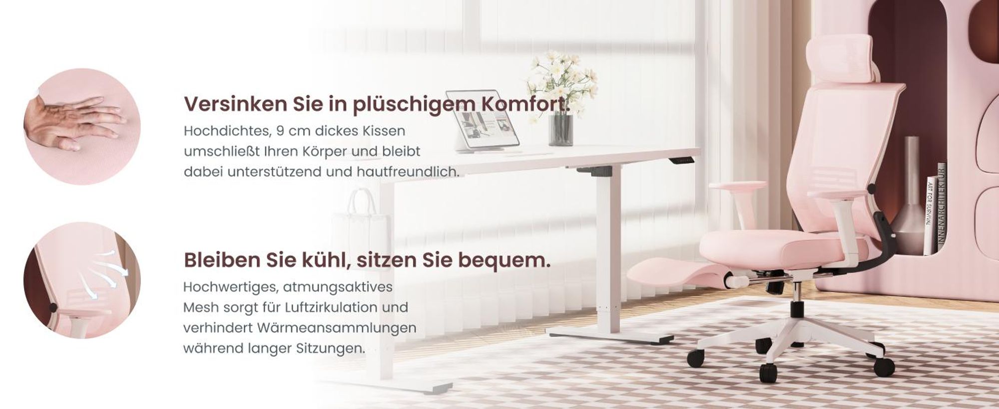 FLEXISPOT Foldex Ergonomischer Bürostuhl, klappbarer Bürostuhl für Kleine Räume mit Lendenwirbelstütze Höhenverstellbaren Armlehnen mit Fußstütze Rosa