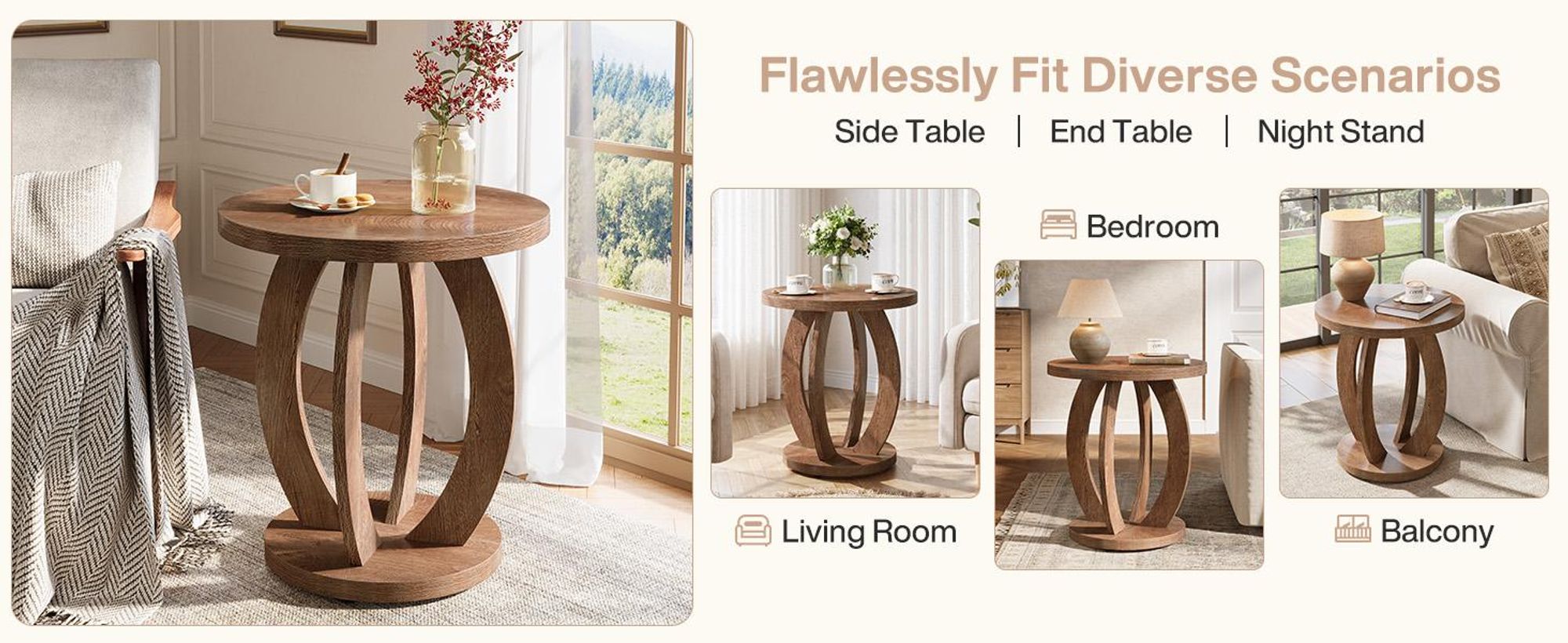 Tribesigns Beistelltisch, runder Beistelltisch mit Stauraum, 50 cm im Landhausstil mit runder Tischplatte, Beistelltisch Holz, rustikales Braun