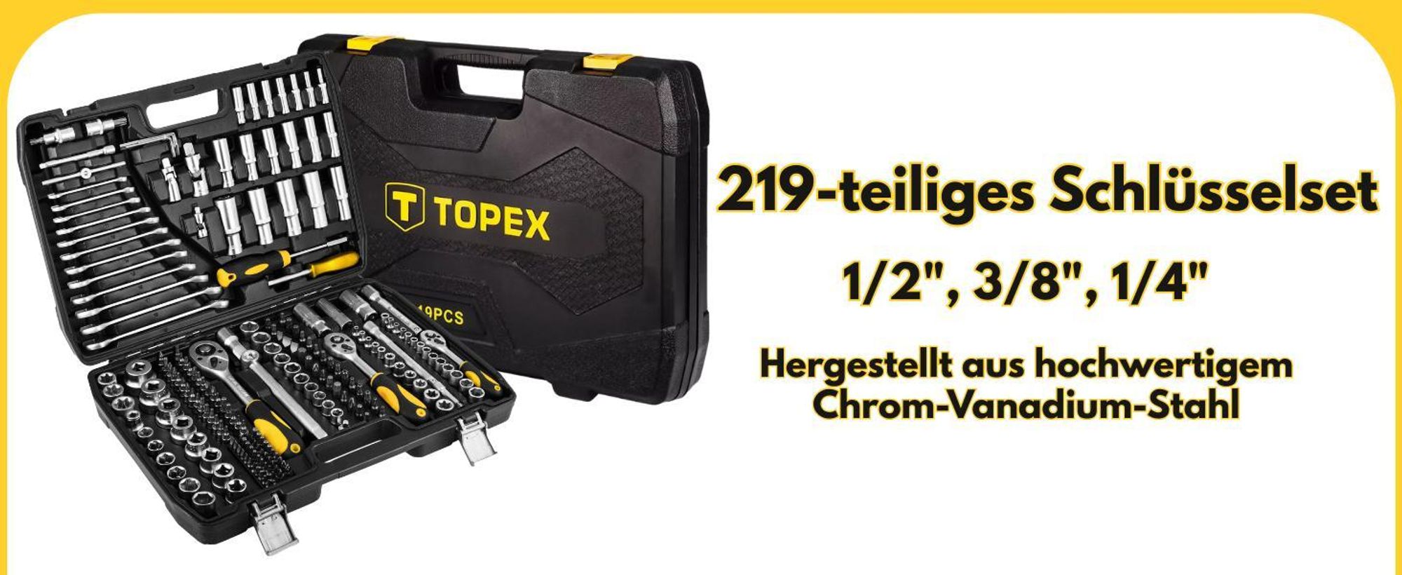 TOPEX Werkzeugkoffer 219-tlg: 1/2", 3/8", 1/4" Nüsse, Ratschen, Bits, Knarrenkasten, Für Kfz, Werkstatt & Heimwerker, Universal-Set