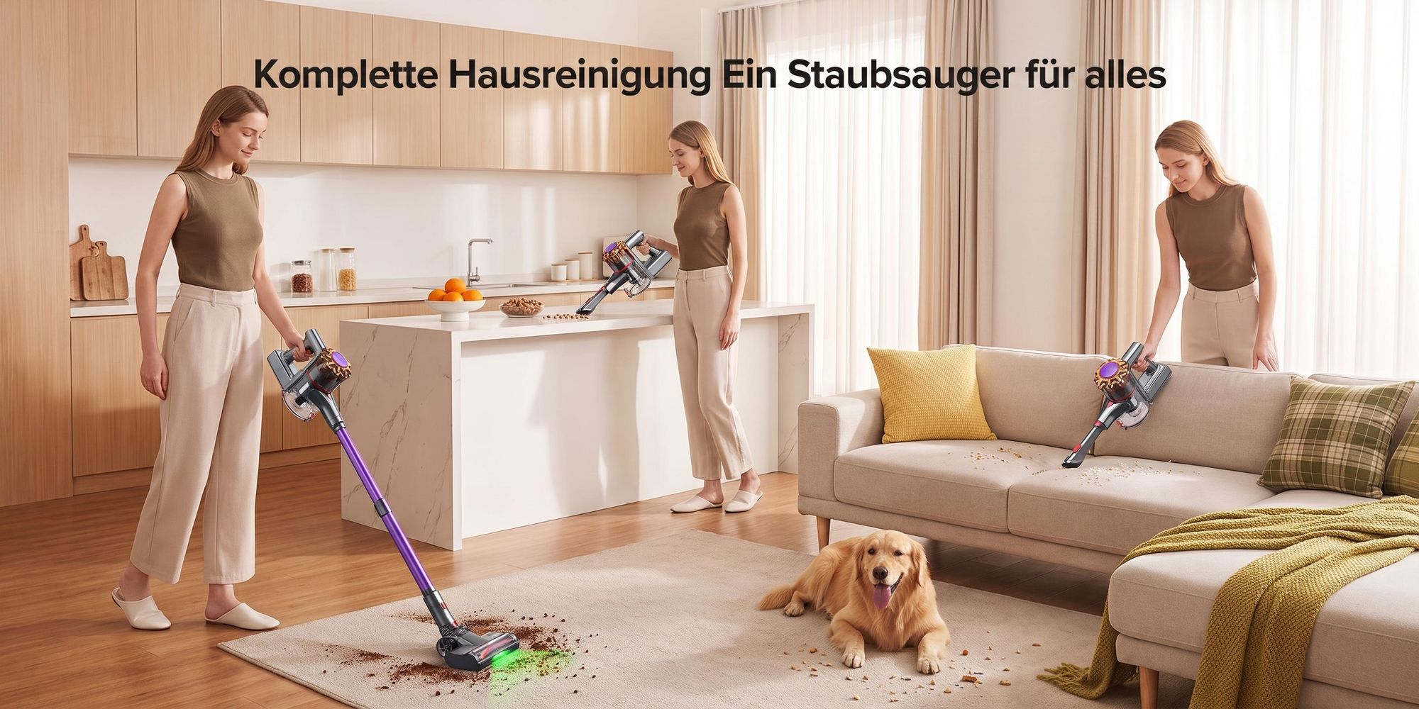 Lubluelu P7 75000 Pa Akku-Staubsauger Saugleistung, Anti-Haar-Verwicklungsbürste, Grüne Beleuchtung, Freistehend, Teppiche & Hartböden