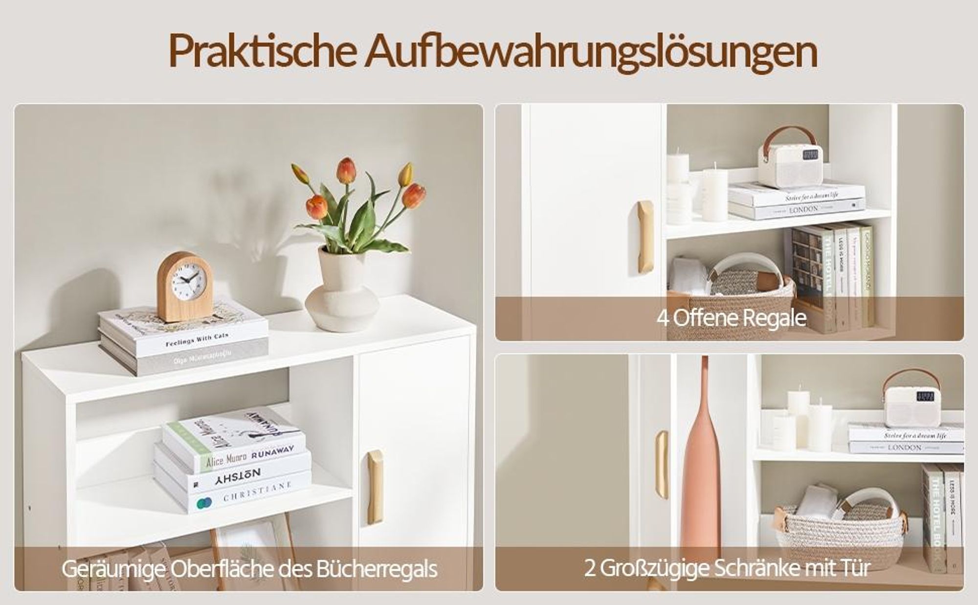 Yaheetech Bücherregal aus Holz, Bücherschrank mit 2 Türen & 4 offenen Regalen, schmaler Standregal Aufbewahrungregal, 80 × 23 × 120 cm, Weiß