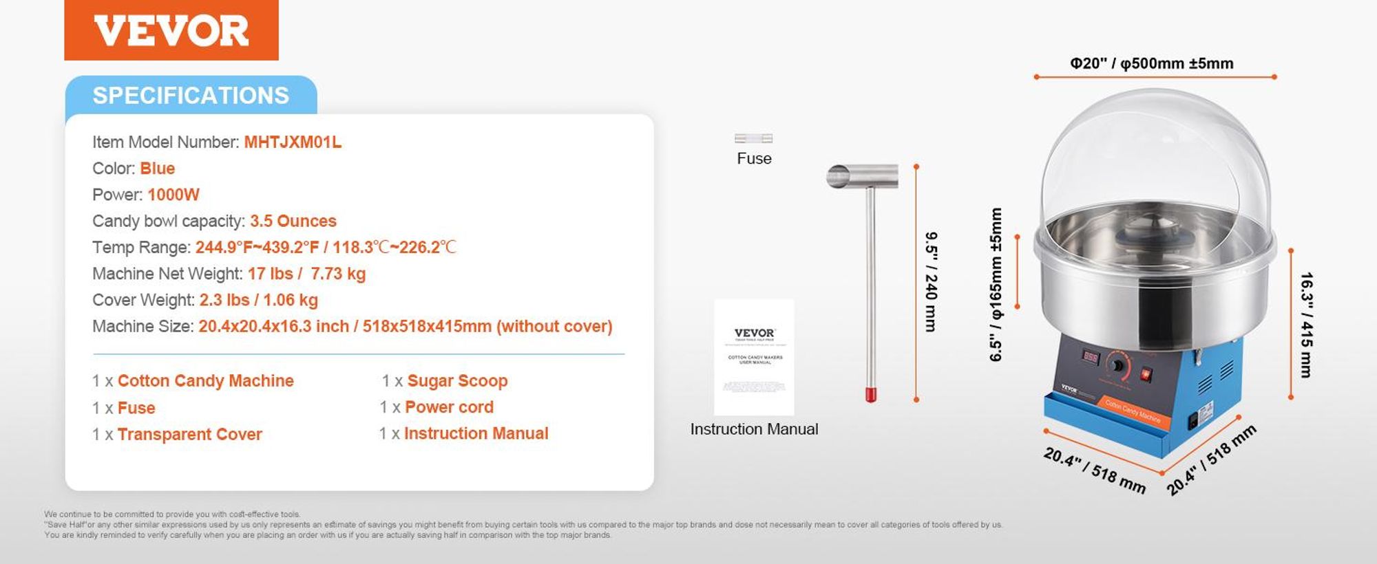 VEVOR Elektrische Zuckerwattemaschine, 1000 W Zuckerwattegeräte, Kommerzielle Zuckerwattemaschine mit Abdeckung, Edelstahlschüssel & Zuckerlöffel, Perfekt für Familienfeiern, Partys (Blau)