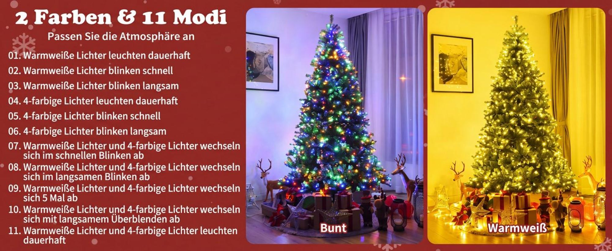 COSTWAY 180cm LED Künstlicher Weihnachtsbaum, Tannenbaum mit 1000 PVC Spitzen, 350 LEDs, 11 Lichtmodi, 5 Farbwechsel & Metallständer, Christbaum Grün