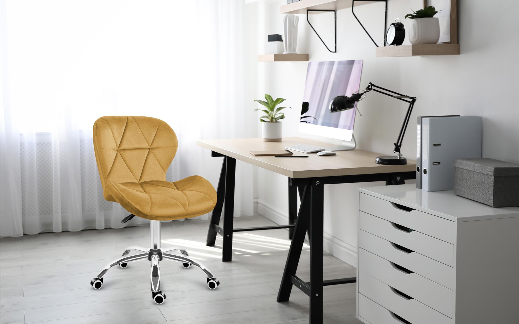 MARK ADLER Future 3.0 | Drehstuhl Bürostuhl Polsterstuhl | Höhenverstellbar bis 130 kg belastbar Samt Velours | Homeoffice Schminktisch | Senfgelb