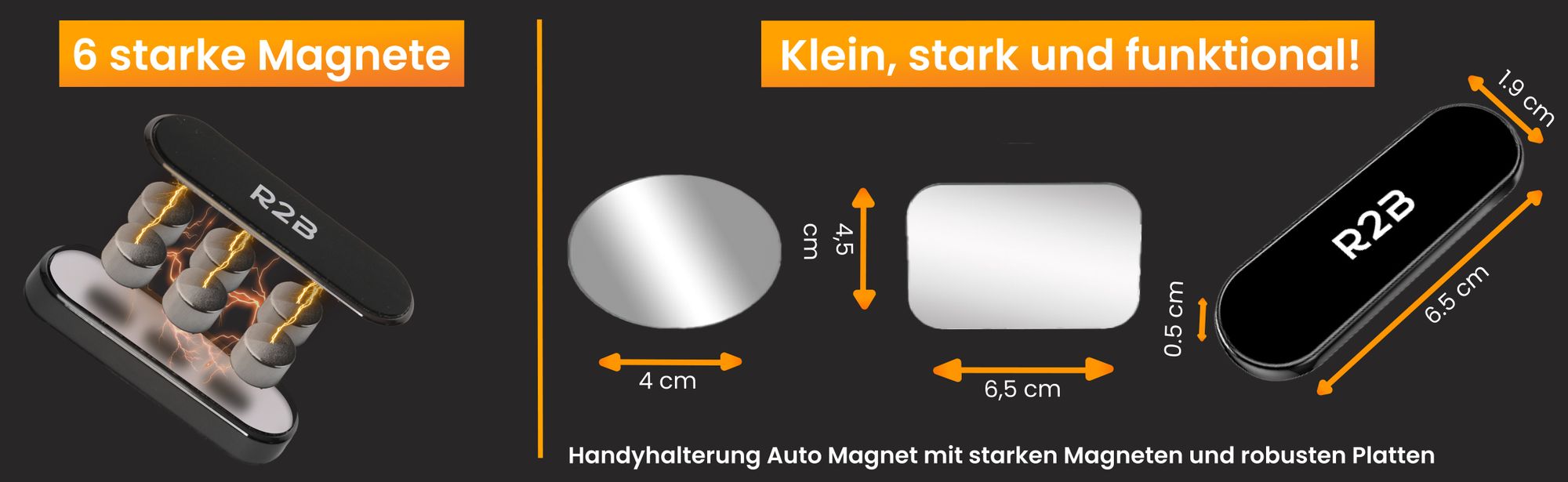R2B Handy Halterung Auto Magnet - Magnetische Handyhalterung Auto, Mit zwei starken Magnetplättchen, Für Armaturenbrett, KFZ-Halterung