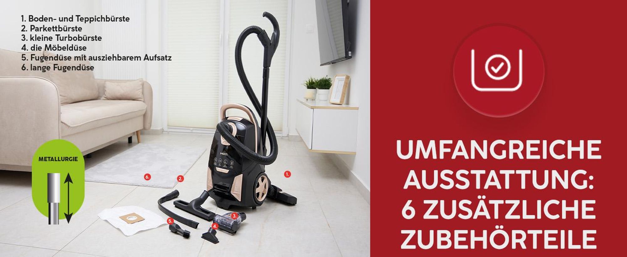 Beutelstaubsauger - stark - leise, Handheld - Zimmer - Silencer - Bedienelemente im Griff MPM MOD-55