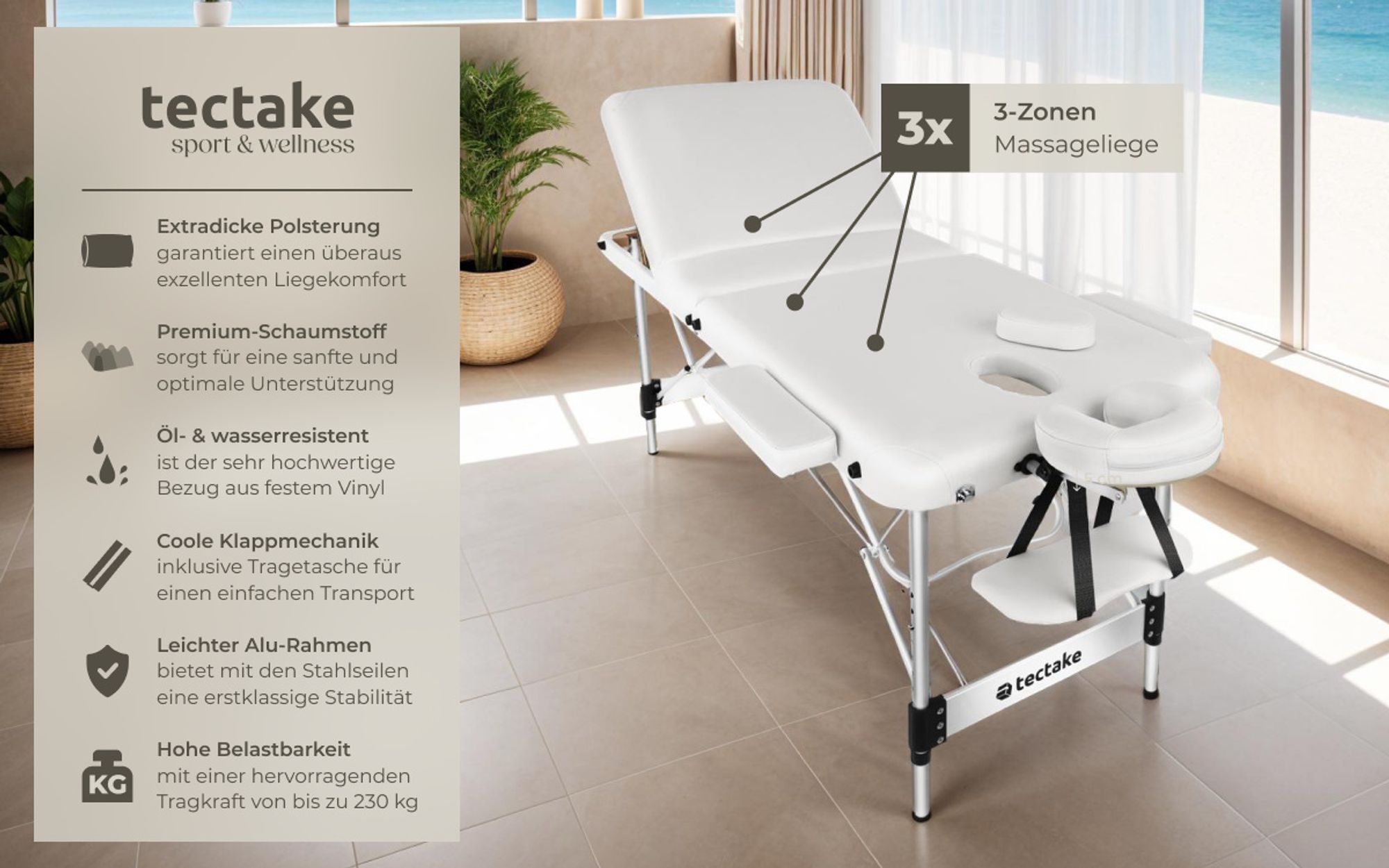 tectake® 3 Zonen Massageliege Phuket Breite 70 cm, Polsterung 5 cm 212 x 103 x 90 cm