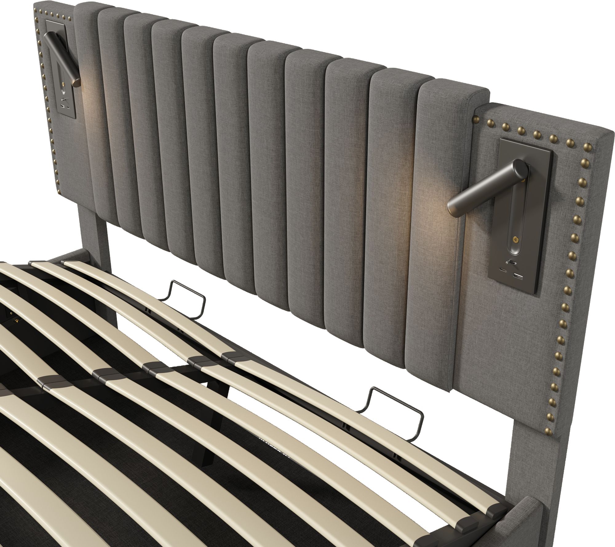 Flieks Polsterbett 140x200cm mit Leselampe, Doppelbett Stauraumbett Boxspringbett mit Ladefunktion (USB, Typ-C), Jugendbett mit Lattenrost, Baumwolle