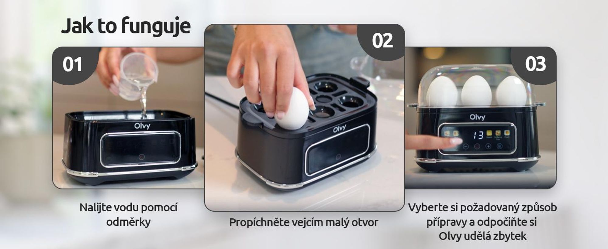 Vařič vajec Olvy na 1-6 vajec s funkcí omelety a pošírování - LCD časovač, automatické vypnutí, bez BPA, snadno se čistí, elektrický a kompaktní
