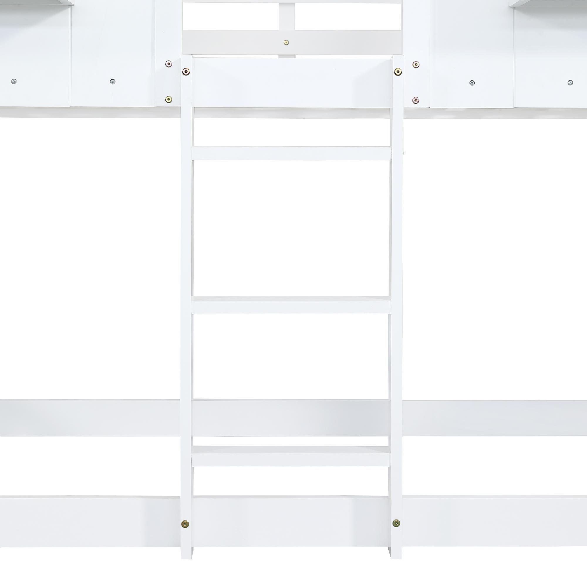 Flieks Etagenbett 90x200cm mit Rutsche, Kinderbett Hausbett mit Fenster und Staufach, Hochbett Stockbett Einzelbett Holzbett mit Lattenrost, Weiß