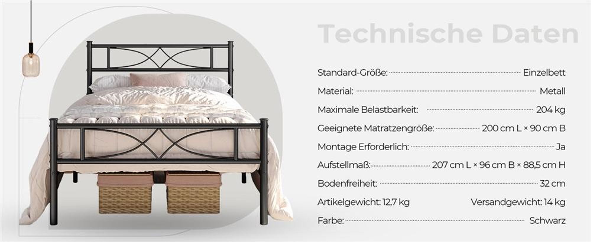 Yaheetech Metallbett Bettgestell 90 x 200 cm, Bettrahmen mit Flügelmuster Kopfteil, Schwarz