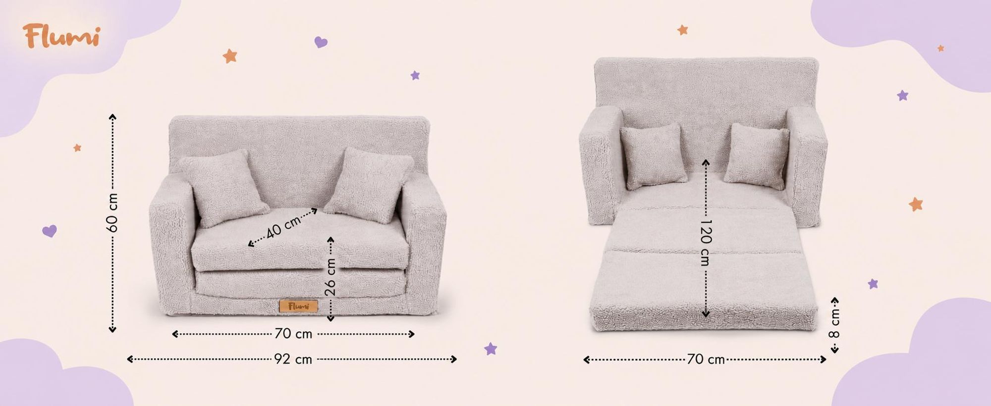 Flumi sofa dziecięca rozkładana piankowa z funkcją spania, zdejmowany pokrowiec
