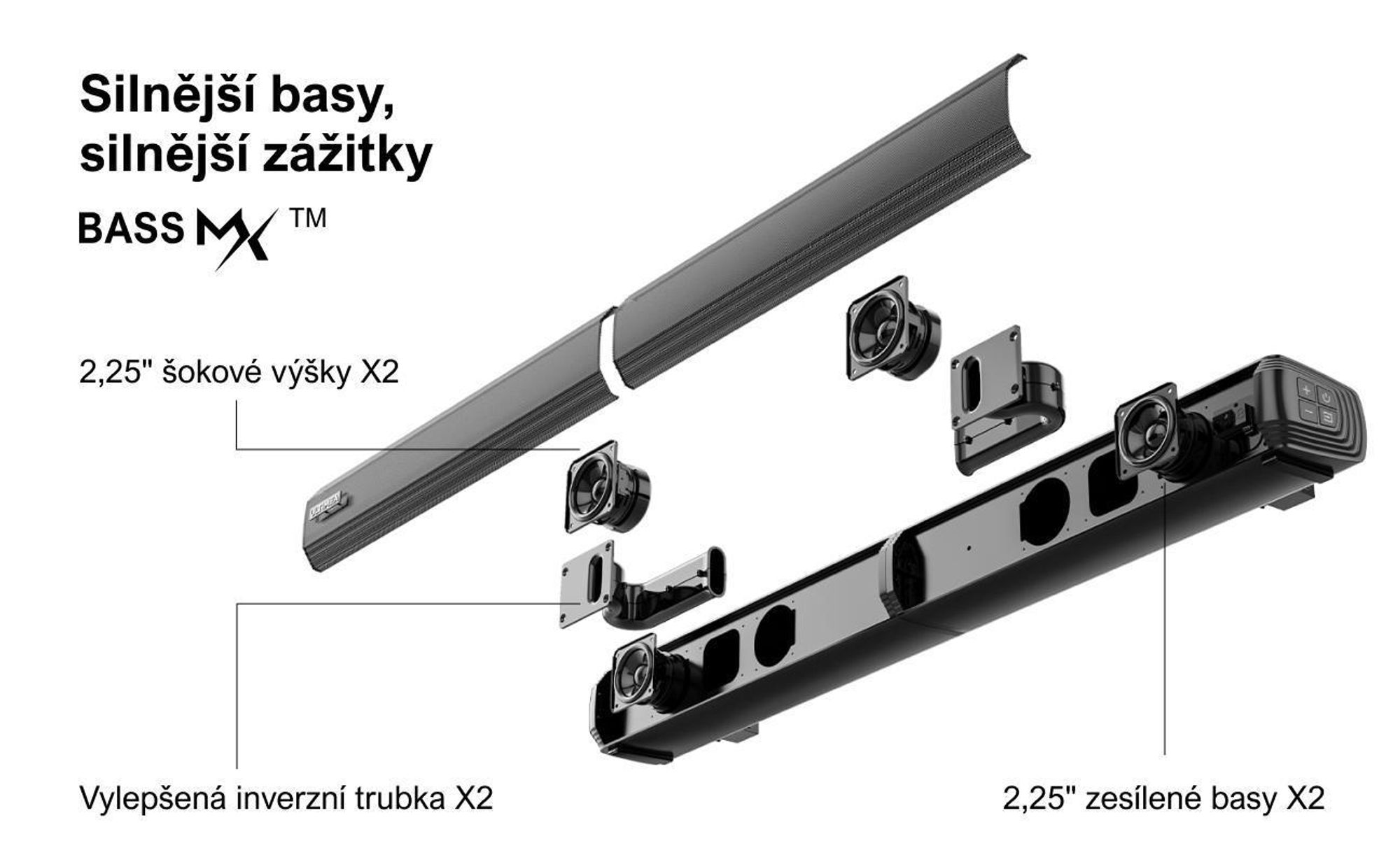 ULTIMEA Soundbar pro televizory, rozdělitelný soundbar 2 v 1, 100 W, Bluetooth® 5.3, televizní reproduktor se 3 režimy ekvalizéru a nastavitelnými basy, ARC/optický vstup/Aux