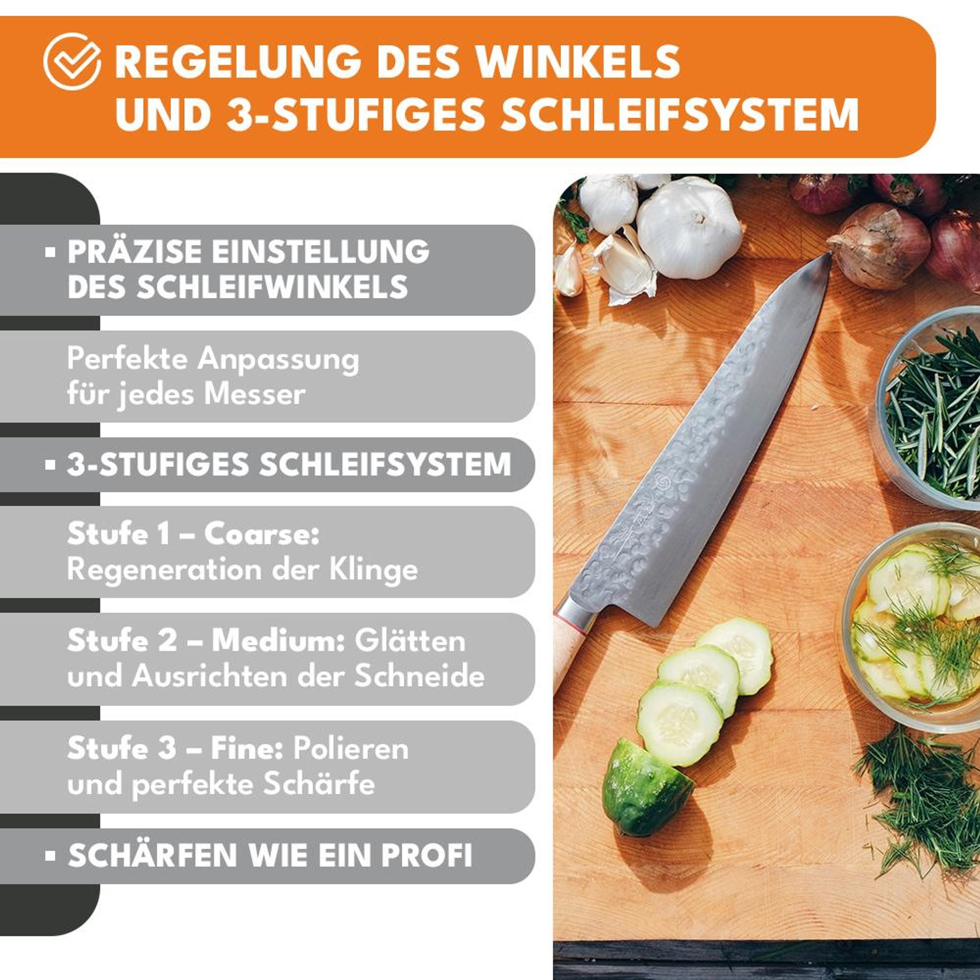 KRUMAD Messerschärfer 3-stufig, einstellbarer Winkel - Professionelle Schärfung für Küchenmesser, Outdoor-Messer, Klappmesser und Scheren