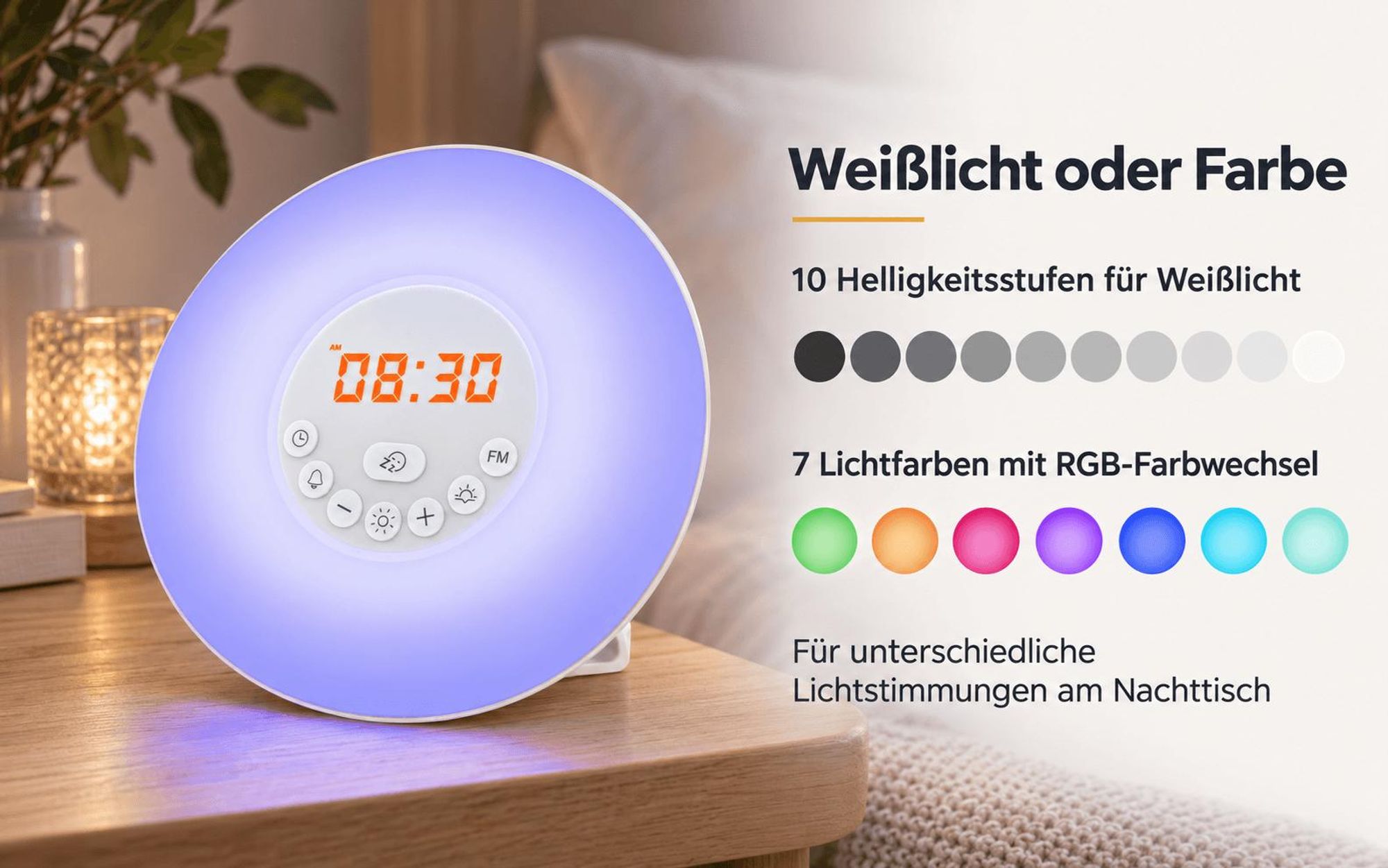 Lichtwecker mit 30-Minuten-Sonnenaufgang, FM-Radio, 6 Wecktöne, 7 Lichtfarben, 10 Helligkeitsstufen, Sonnenuntergang