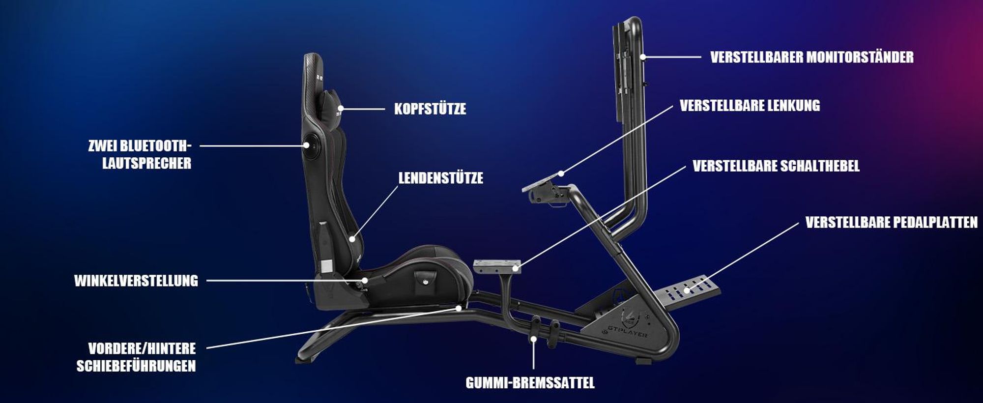 GTPLAYER Simulator Cockpit,Rennsimulator lenkradständer mit 3D-Stereo-Lautsprechern, Monitorhalterung, verstellbarer Lenkradhalterung, Schalthebelhalt
