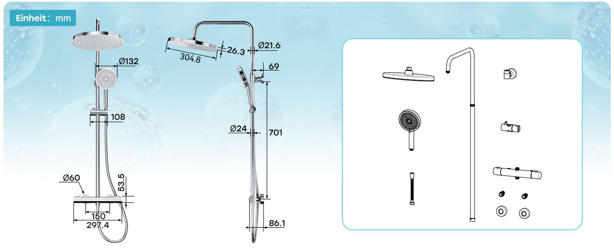 HOROW Duschsystem mit Thermostat, 5 Modi Strahlarten, große Regendusche Set Chrom, Duschsetit Thermostat, Höhenverstellbar, 30 cm Großem Kopfbrause