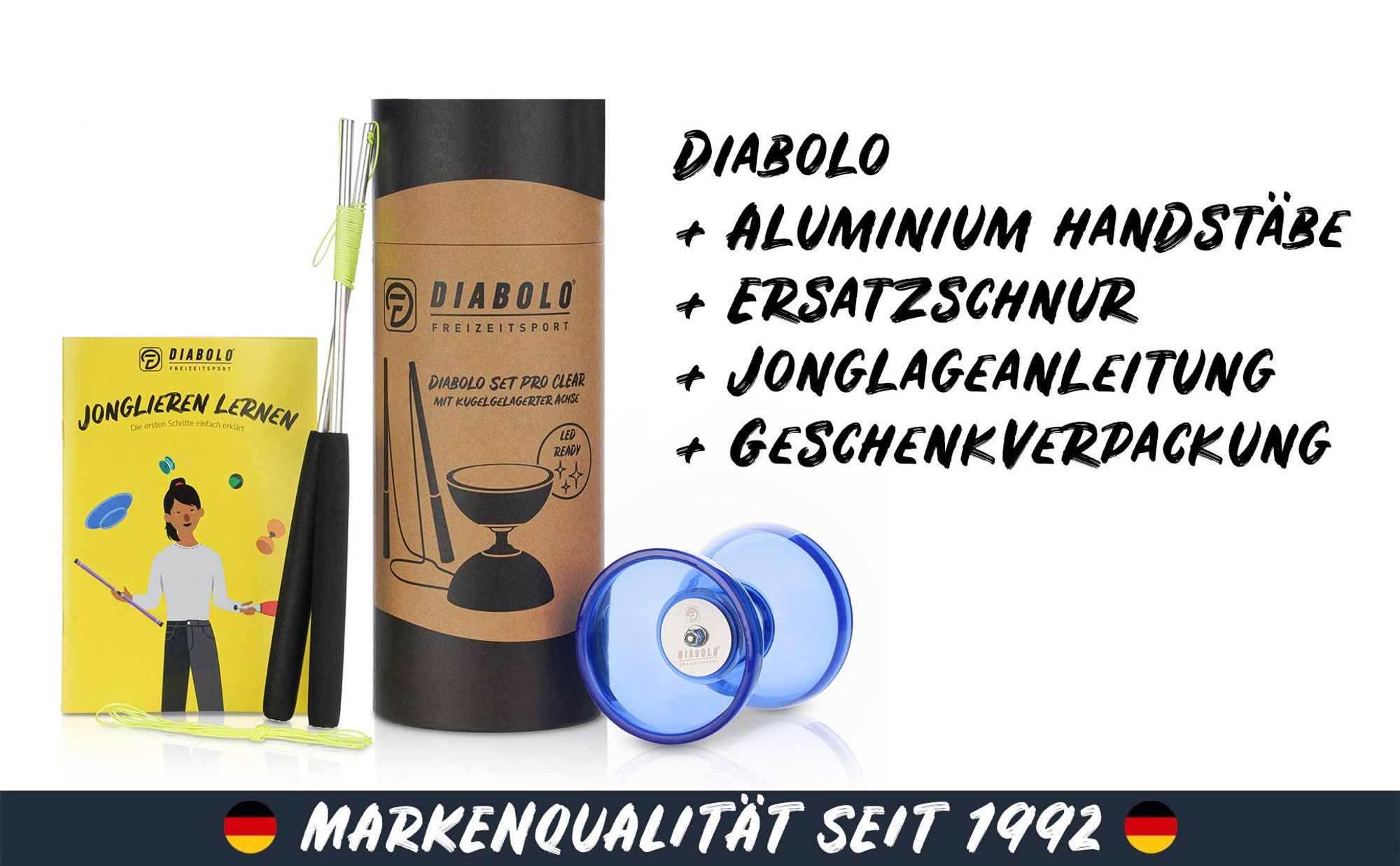 Diabolo Freizeit Diabolo Satz mit Kugellagerachse | Komplettes Starterset mit robuster Konstruktion für Anfänger und Fortgeschrittene | Hochwertige Ge