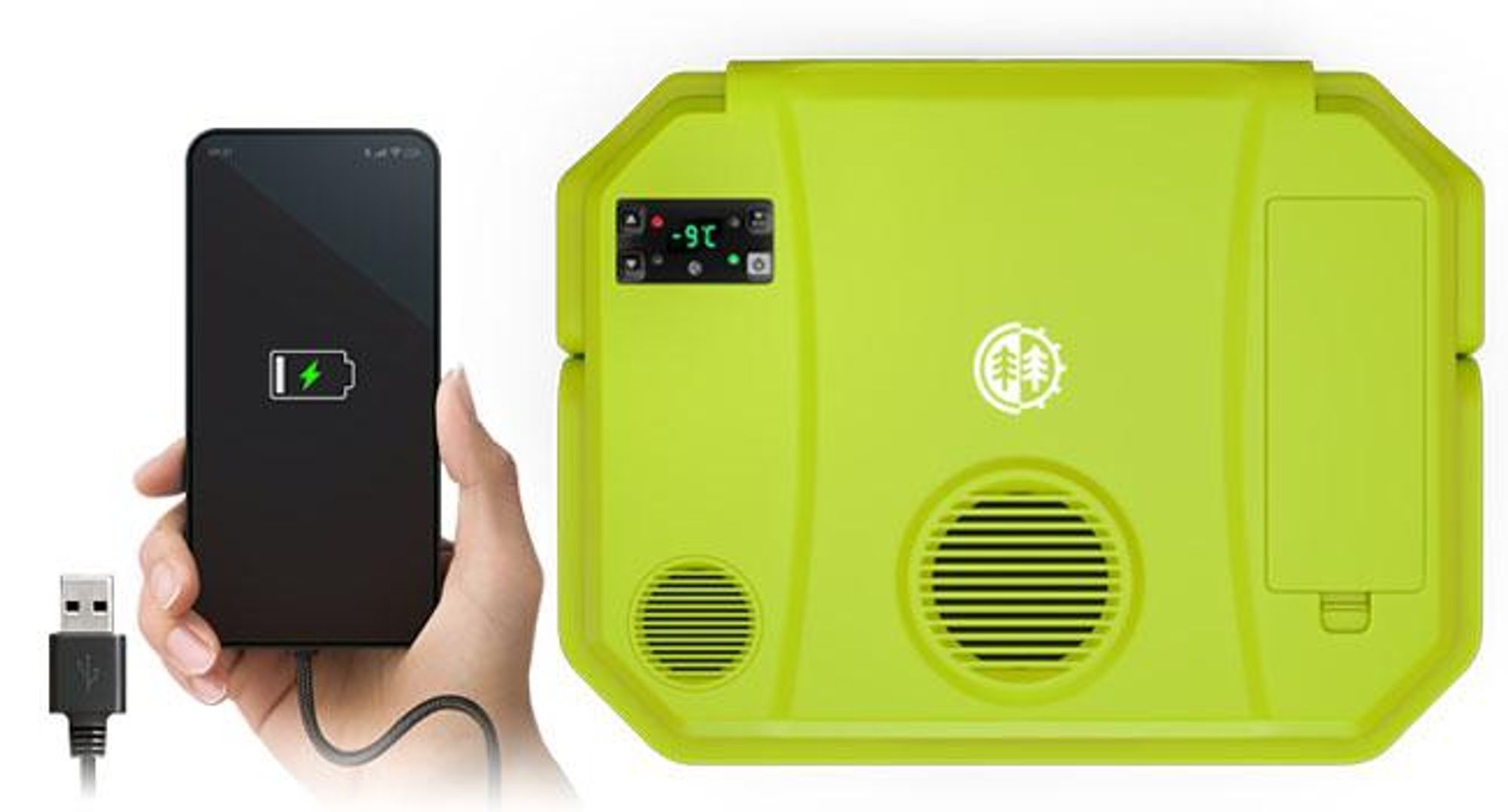 Peme Elektrische Kühlbox Trip Neon - Auto Camping Kühlschrank Bluetooth Lautsprecher leise Wärmebox Minikühlschrank Reise PKW LKW Zelt USB Car fridge