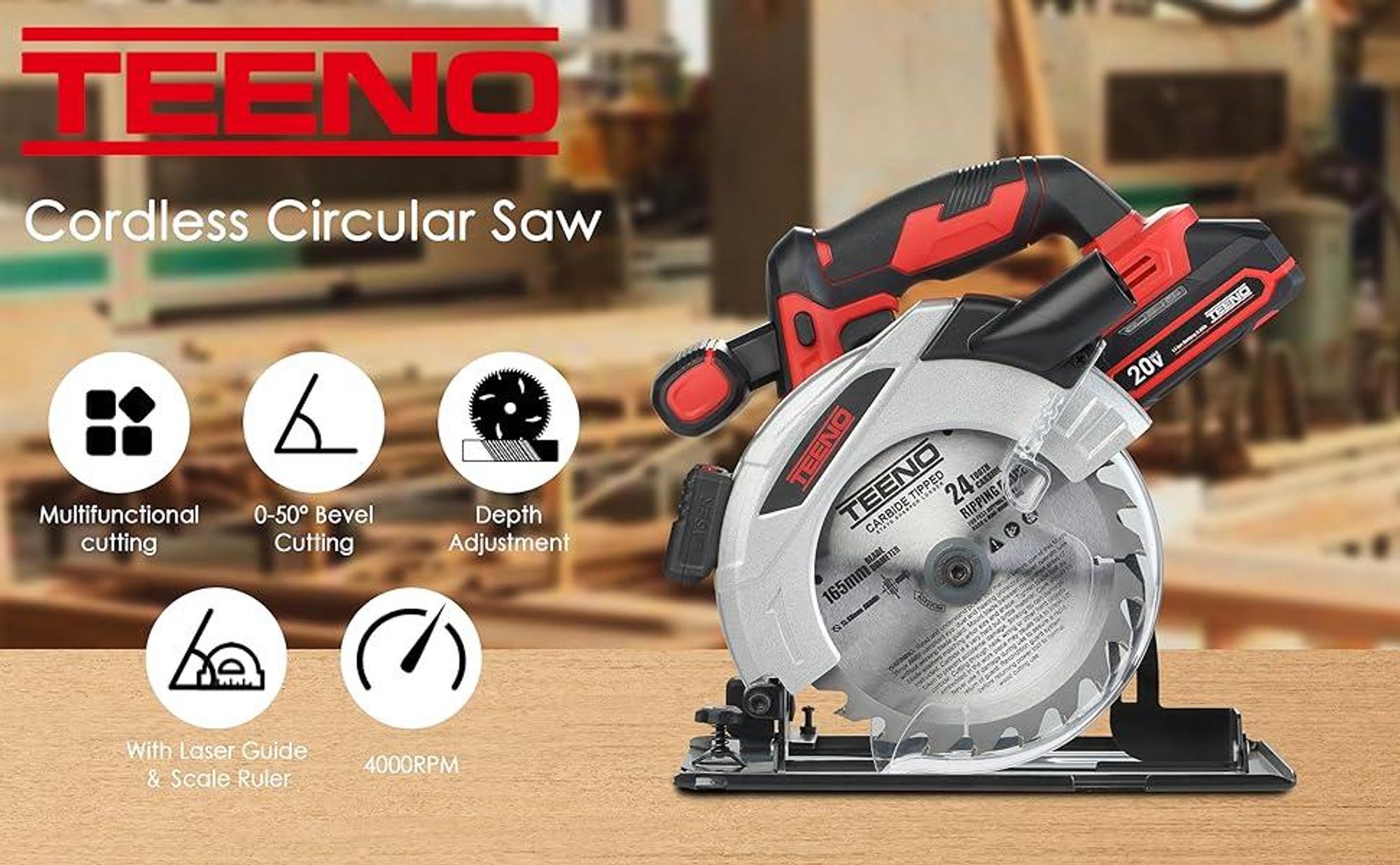 TEENO Scie circulaire laser sans fil 4000 RPM avec frein électrique, 2X2.0 AH batteries, 2X165mm lames, profondeur et angle de coupe réglables