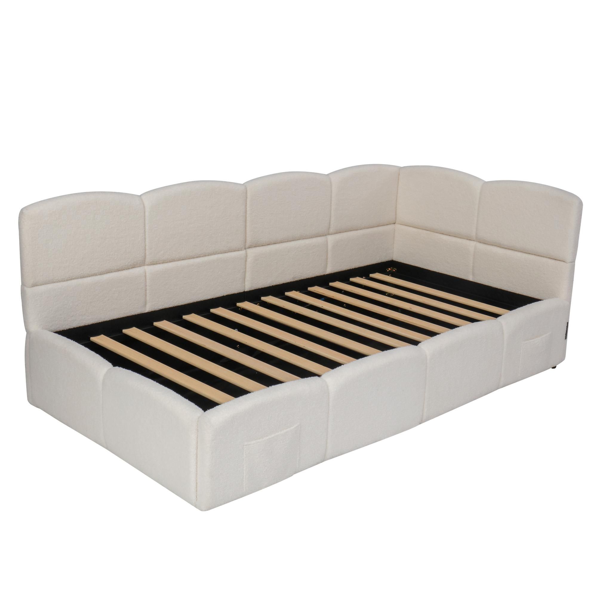 Flieks Hydraulisches Polsterbett 90x200cm mit Stauraum, Schlafsofa Tagesbett mit USB & Type-c, Stauraumbett Einzelbett, Bouclé, Beige