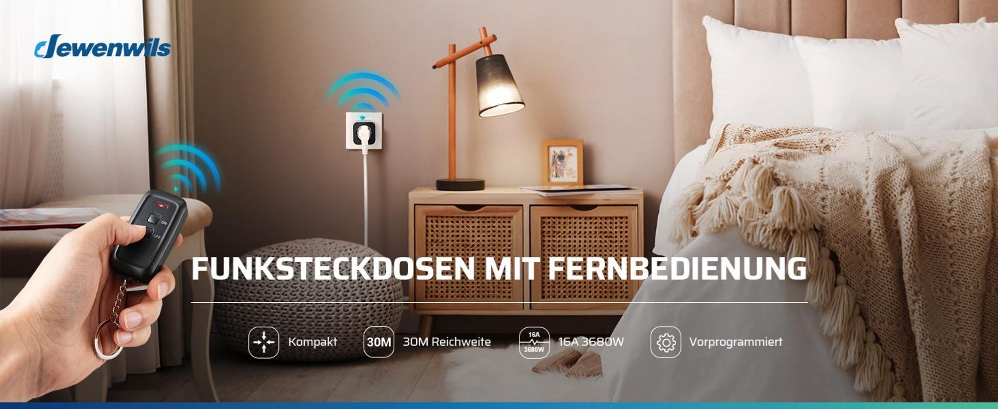 DEWENWILS Funksteckdosen mit Fernbedienung, Innen, 16A 3680W, 30M Reichweite, Schwarz