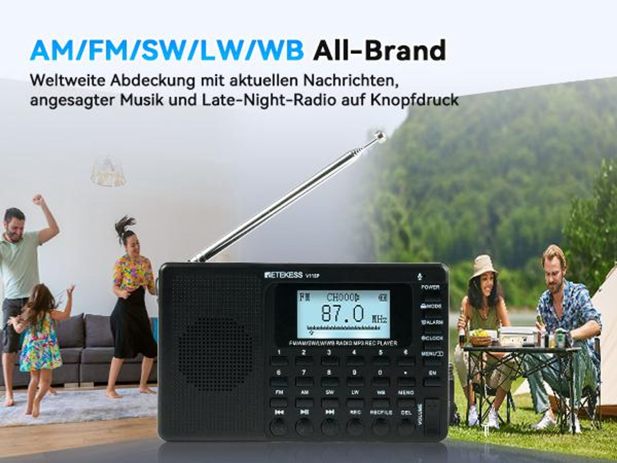Retekess V115P Tragbares Digitales Radio, AM FM SW LW WB, 1800mAh, Taschenlampe, TF/AUX, Aufnahme, Taschenlampe, Sleep-Timer,für Notfälle, Camping