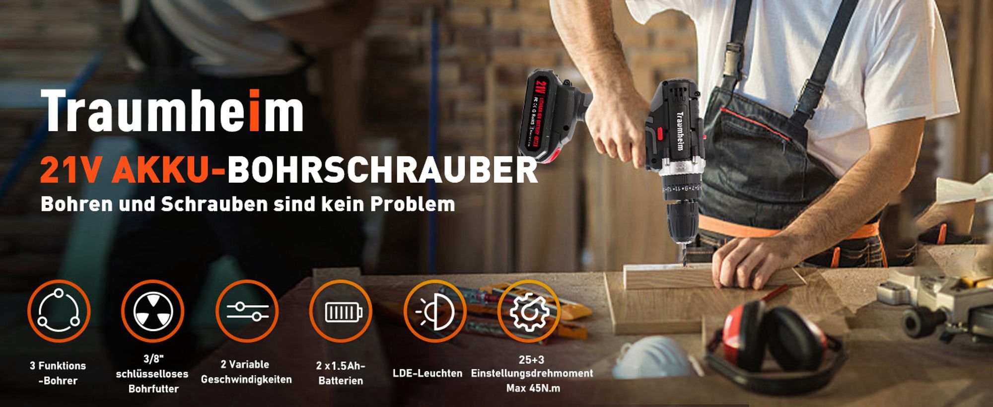 Akkuschrauber, Akku Bohrschrauber Set, Schlagbohrmaschinen, Akku-Bohrer, 48VF mit 2x 1500Ah Batterie,45Nm Max. Drehmoment, Professional Schnellladung