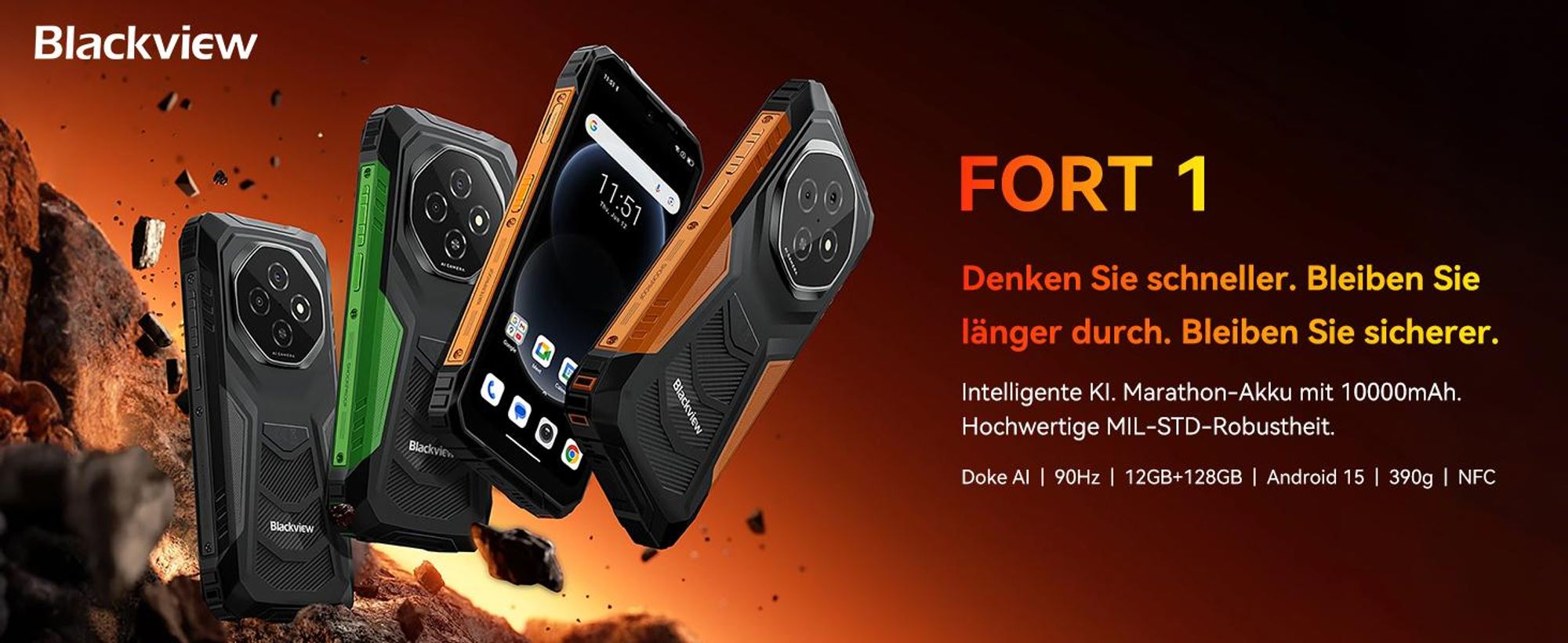 2026 Blackview FORT 1 Outdoor Handy ohne vertrag,12+128GB, 10000mAh,6.56",Android 16,NFC/390g/Dual SIM/Fingerabdruck//IP69K ,90Hz