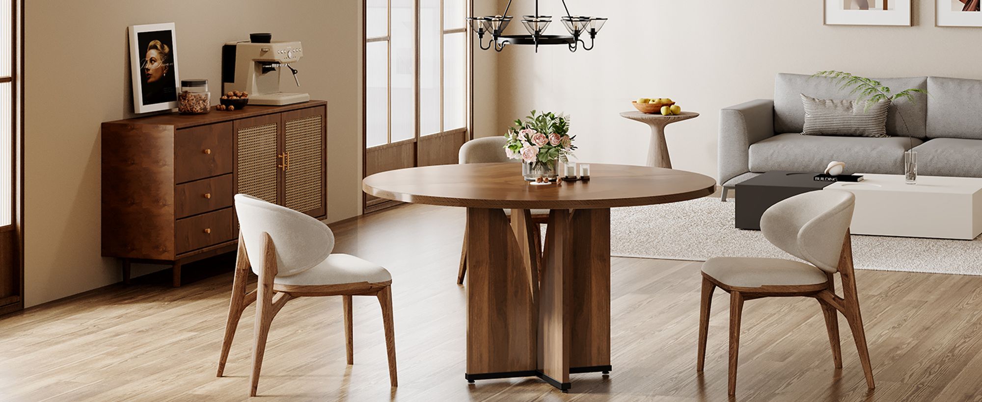 Tribesigns runder Esstisch, für 4 Personen, mit Holzplatte und Beinen, mit stabilem X-Gestell, 100*100*75 cm, Esszimmer und Wohnzimmer, rustikal Braun