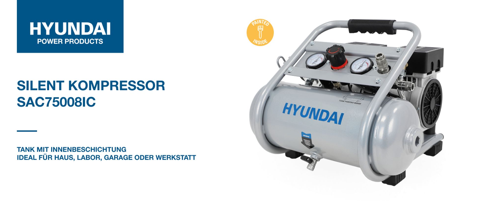 HYUNDAI Silent Kompressor SAC75008IC (9 bar, 8L, tragbar, ÖLFREI, 49 dB, 750 W / 1 PS)