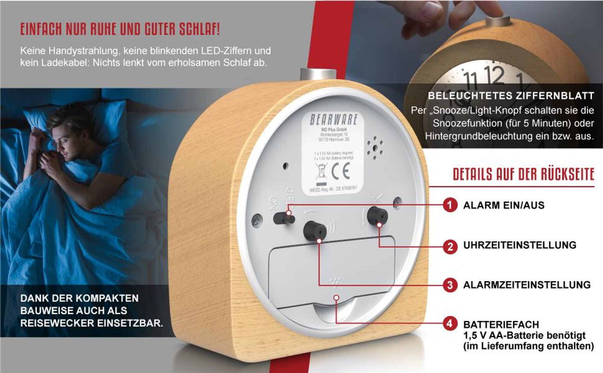 BEARWARE Wecker analog ohne Ticken – halbrund - Holz hell – Retro Design – beleuchtetes Ziffernblatt mit Licht – lautlos - Reisewecker - Weckton - Snoozetaste Schlummerfunktion – batteriebetrieben