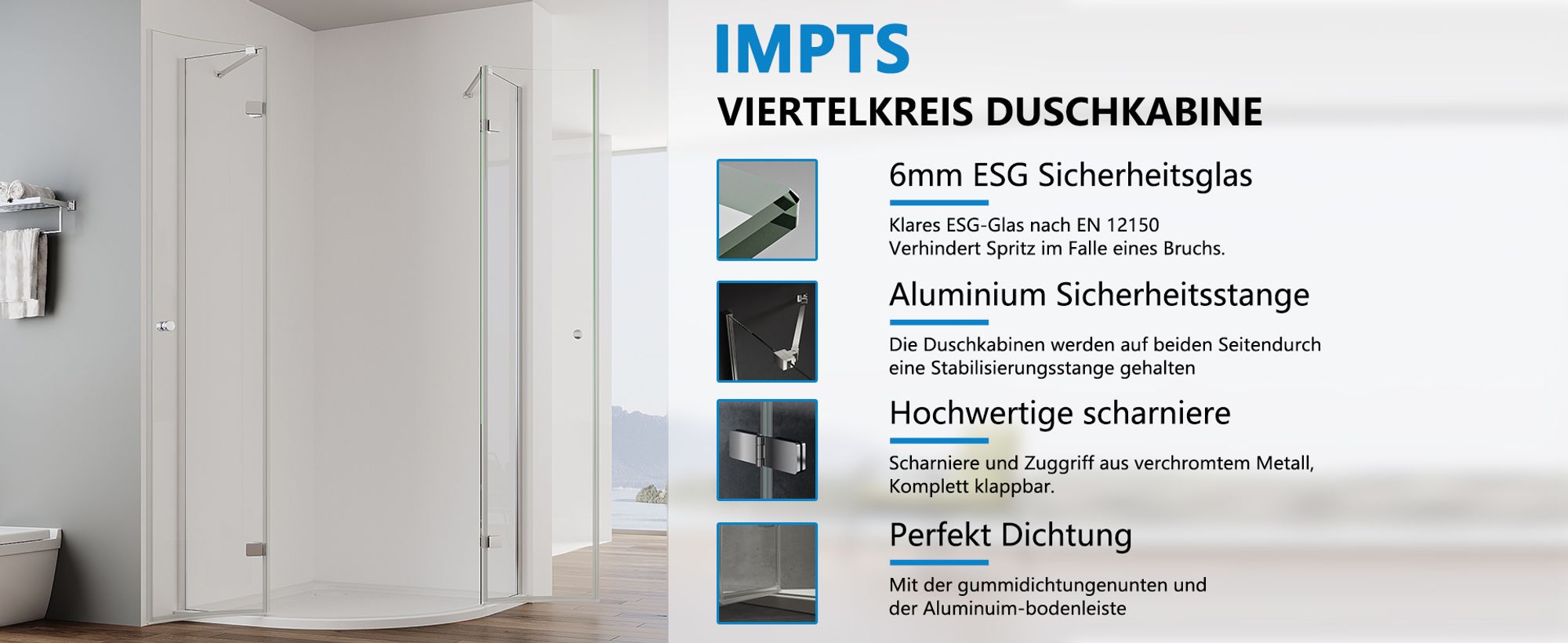IMPTS Duschkabine 90x90cm Viertelkreis Duschabtrennung Runddusche Duschtür Scharniertür aus 6mm ESG Glas,Höhe 185cm Radius 55cm, Ohne Duschwanne