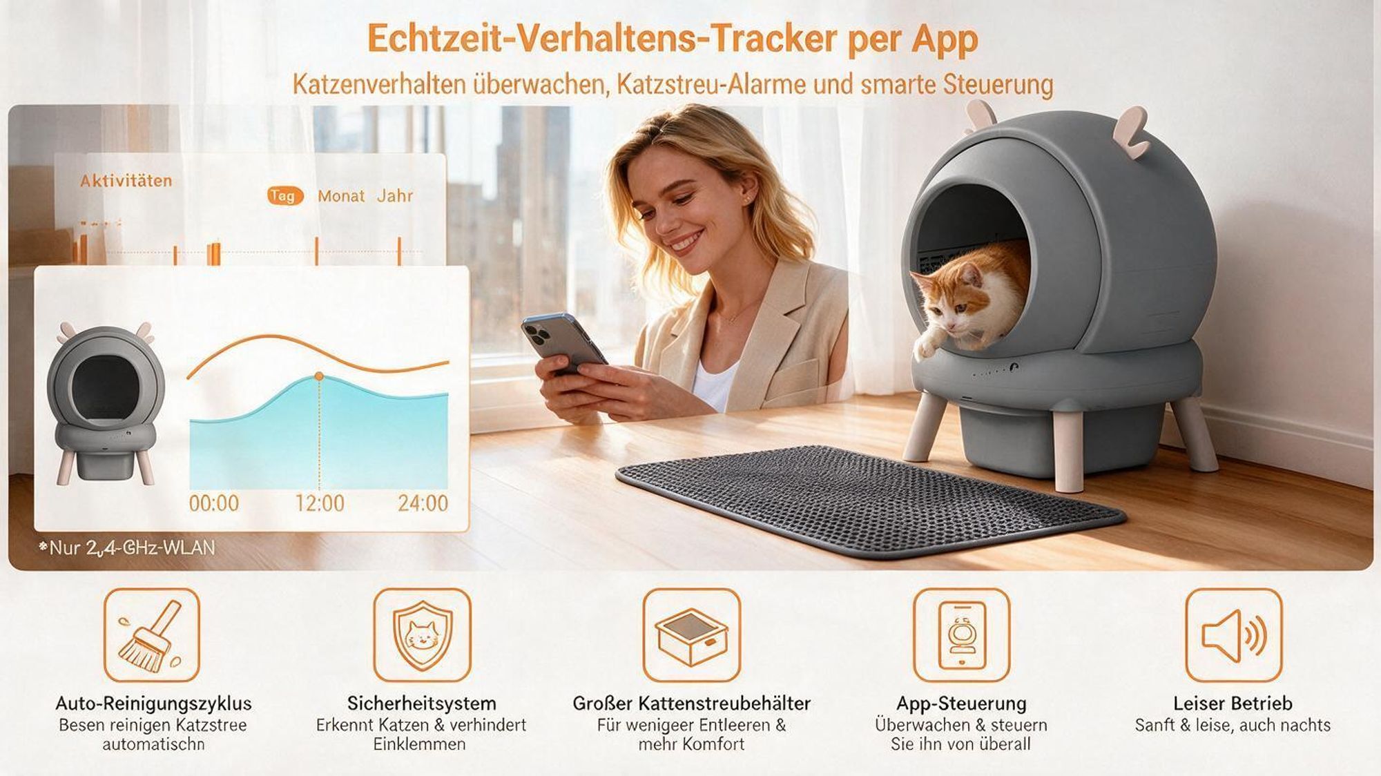 Katzentoilette Selbstreinigende XXL Katzenklo mit App-Steuerung, für mehrere Katzen, 9-fach Anti-Klemm-Sensoren, geruchsarm, leise, Grau