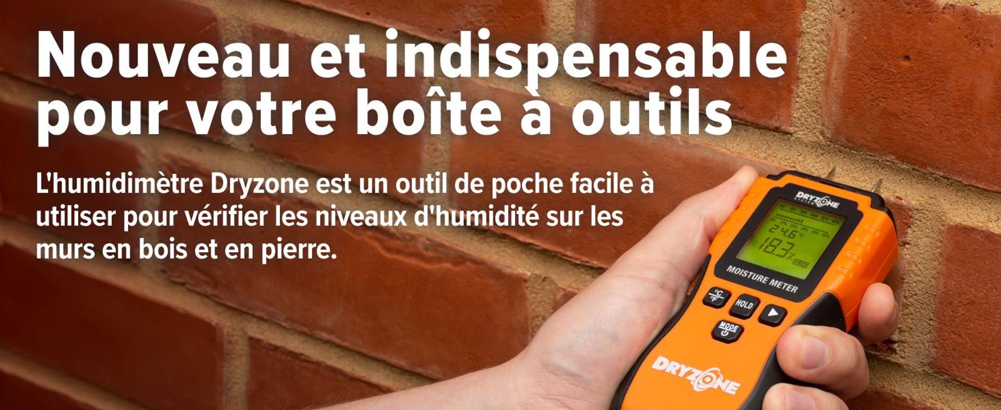 Dryzone Testeur d'Humidité - Détecteur d'Humidité à Broche et Écran LCD - pour Murs, Bois et autres Matériaux de Construction - Facile à Utiliser