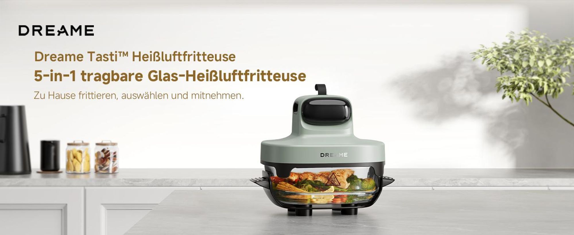 Dreame Tasti AirFryer 5-in-1 Heißluftfritteuse, 6mm starkes,tragbares Borosilikatglas,3D-Heißluftzirkulation,spülmaschinenfest,360° Sicht,2.5l ,Grün