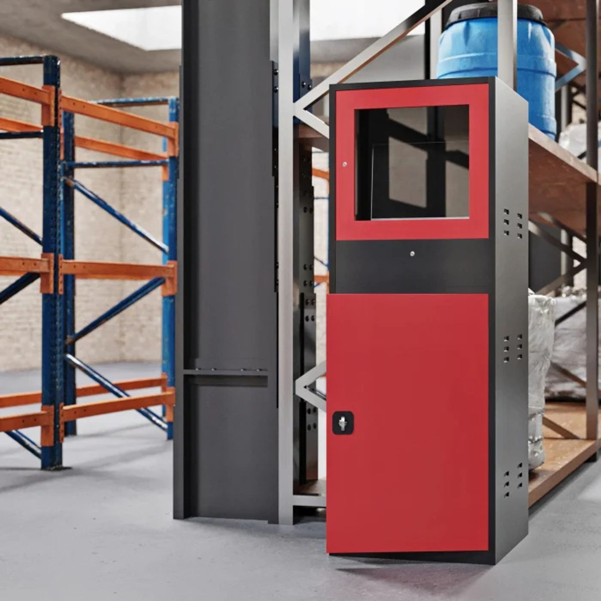 Computerschrank Industrieschrank PC Schrank EDV-Schrank Computer Workstations Sekretäre Metallschrank Lagerschrank mit Schublade Abschließbar 175 cm x 64 cm x 63 cm, Farbe: Anthrazit/Rot