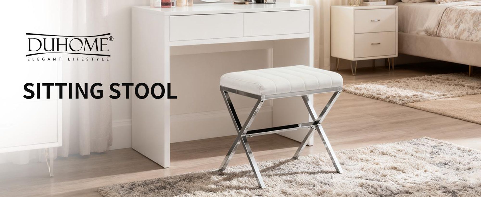 Duhome stołek imitacja skóry , tapicerowany stołek podnóżek tapicerowany nowoczesny stołek z metalową ramą do toaletki przedpokój salon sypialnia, model WY-9196A1, kolor: biały