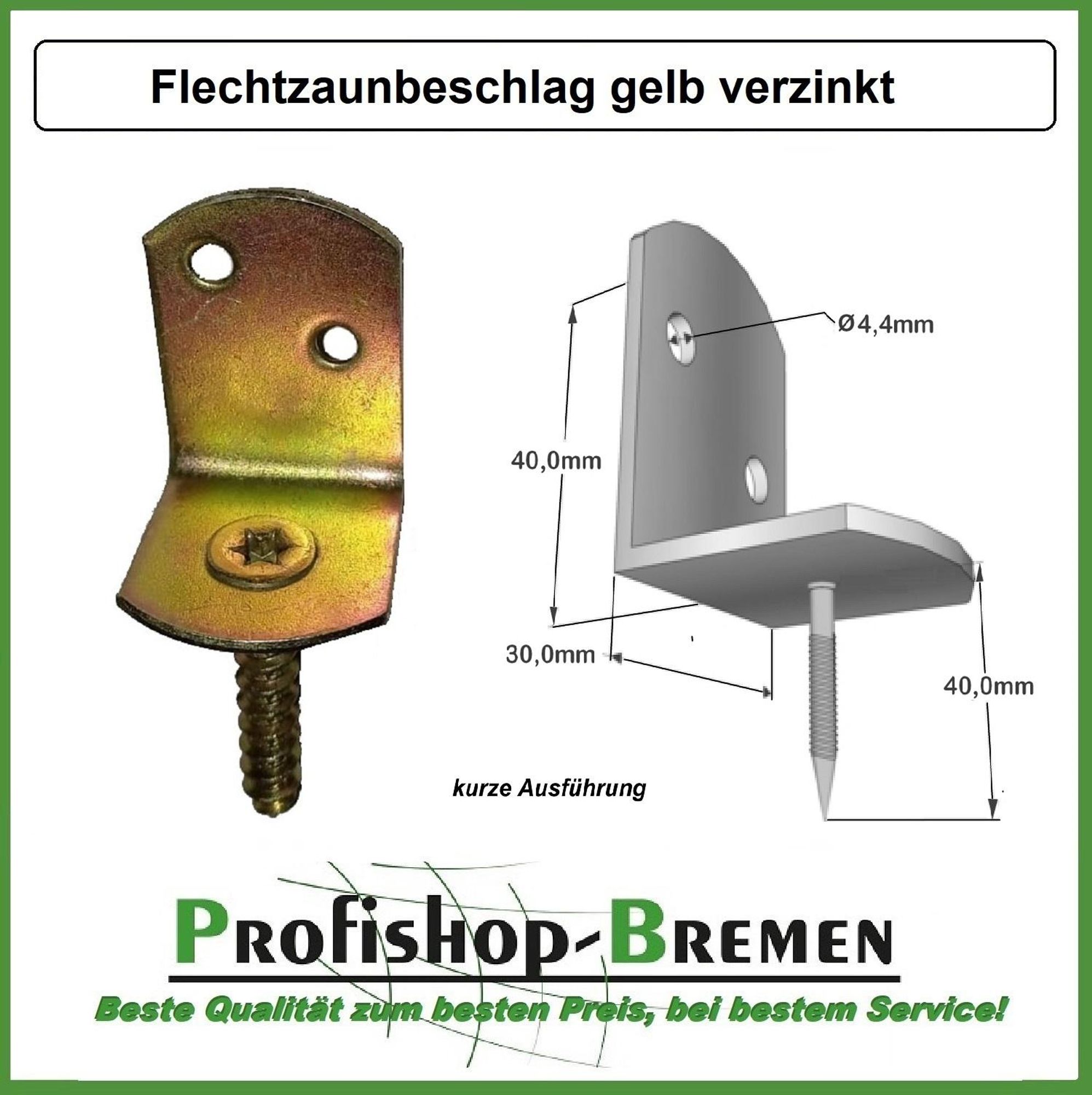 10 Stück Flechtzaunbeschläge Montagewinkel Gelb verzinkt Zaunwinkel Beschlag TORX (Stückpreis € 0,18)