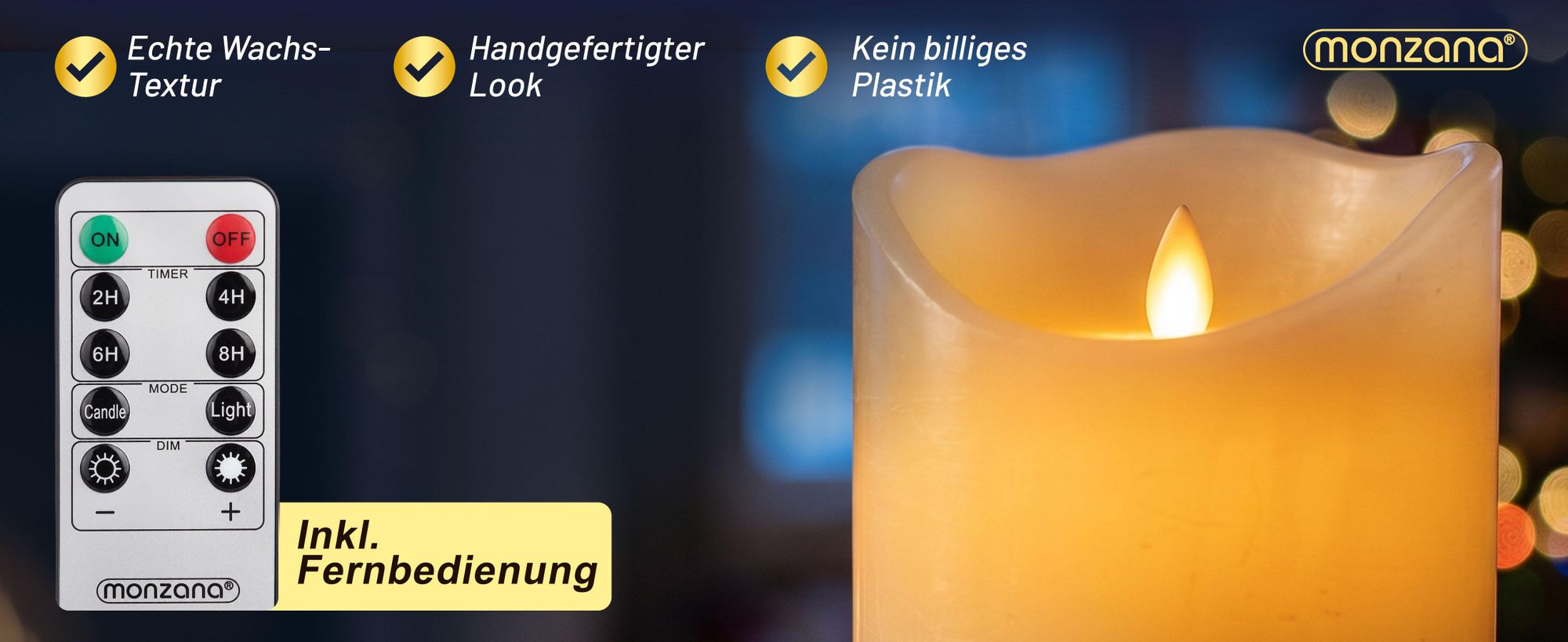 MONZANA® LED Kerzen mit Timerfunktion 5er Set flackernd Echtwachs batteriebetrieben mit Fernbedienung dimmbar in Warmweiß 5 Größen ø7,5cm