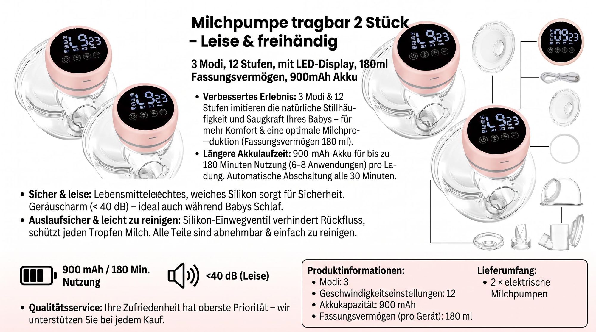 Milchpumpe tragbar 2 Stück – Leise & freihändig, 3 Modi, 12 Stufen, mit LED-Display, 180ml Fassungsvermögen, 900mAh Akku